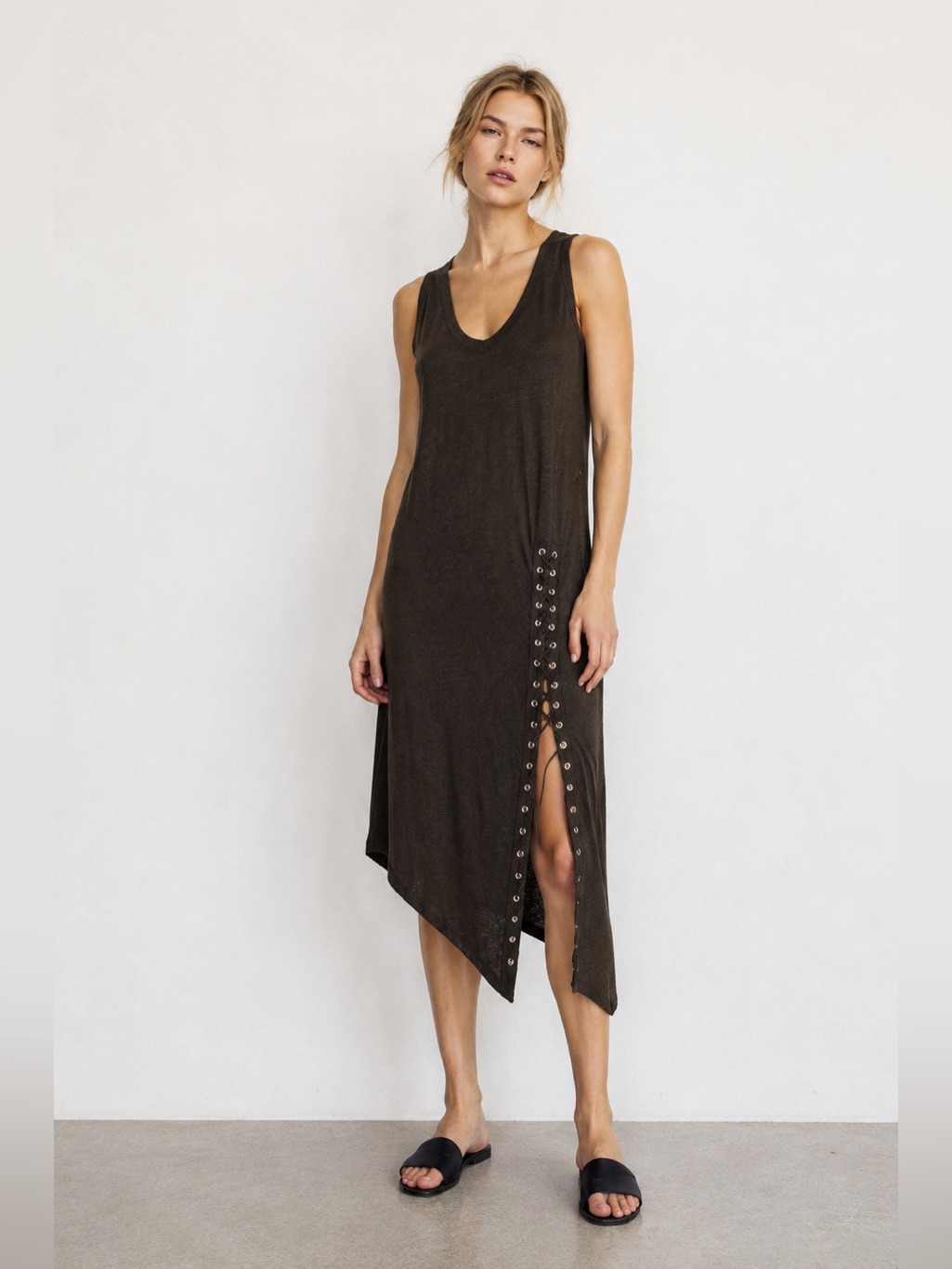 Iro Karossi Asymmetrical Linen Dress Brown Lace-Up Side Slit Sleeveless Size S